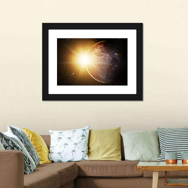Earth In Cosmos & Bright Sun Canvas Wall Art-1 Piece-Framed Print-20" x 16"-Tiaracle