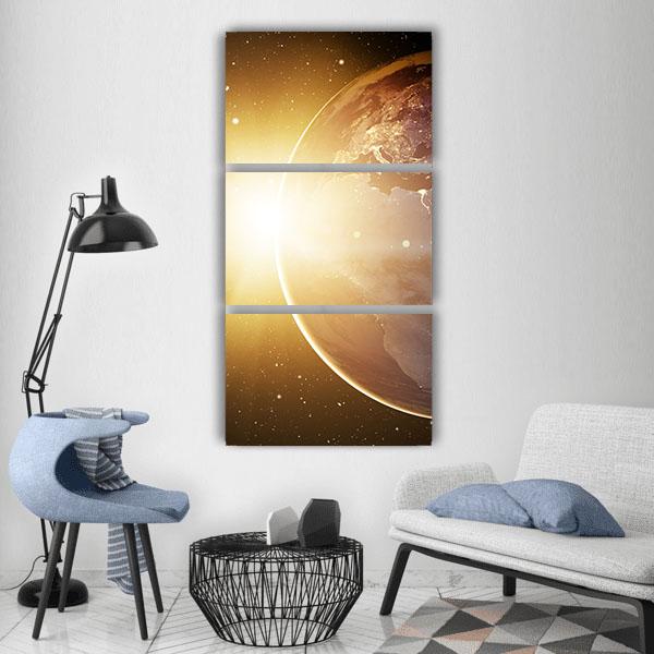 Earth In Cosmos &amp; Bright Sun Vertical Canvas Wall Art-3 Vertical-Gallery Wrap-12" x 25"-Tiaracle