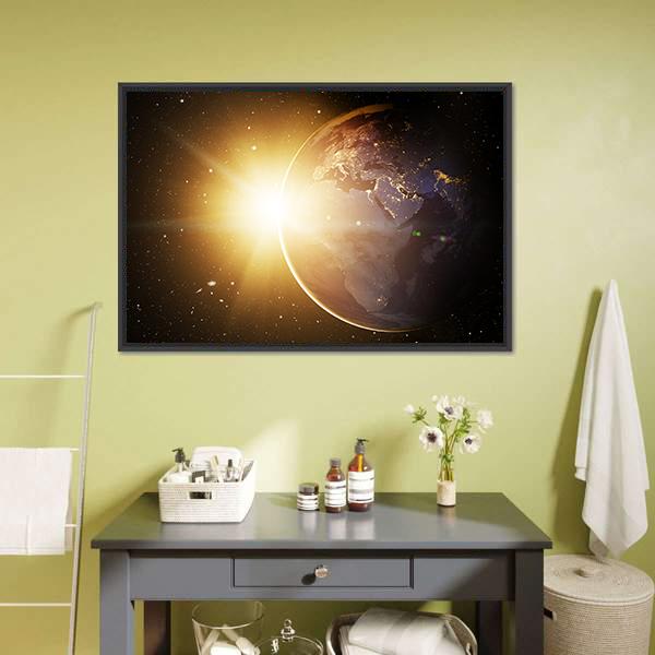 Earth In Cosmos &amp; Bright Sun Vertical Canvas Wall Art-3 Vertical-Gallery Wrap-12" x 25"-Tiaracle