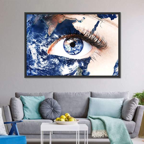 Earth In Human Eye Canvas Wall Art-1 Piece-Floating Frame-24" x 16"-Tiaracle