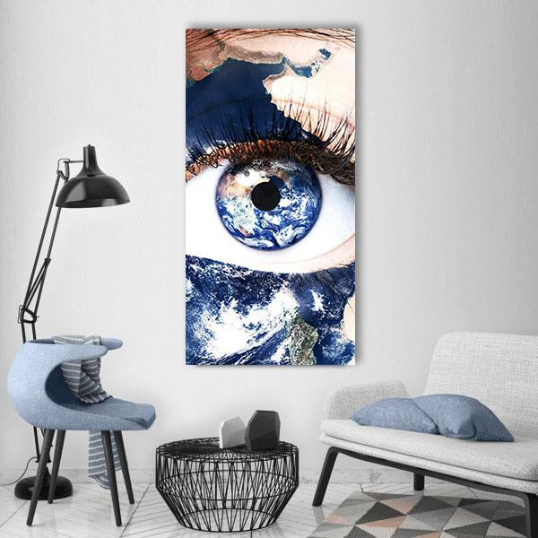 Earth In Human Eye Vertical Canvas Wall Art-3 Vertical-Gallery Wrap-12" x 25"-Tiaracle