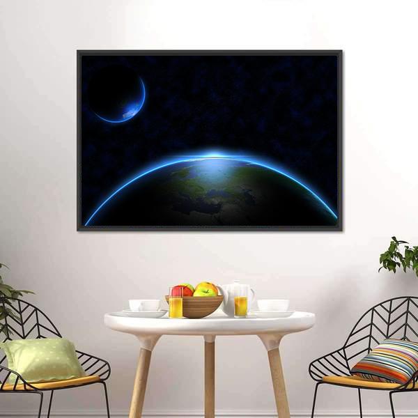 Earth in Space Canvas Wall Art in black and blue, framed canvas, product view on a white background