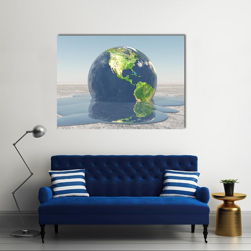 Earth Melting Into a Puddle Canvas Wall Art in gray, green and blue, single panel hung on a wall