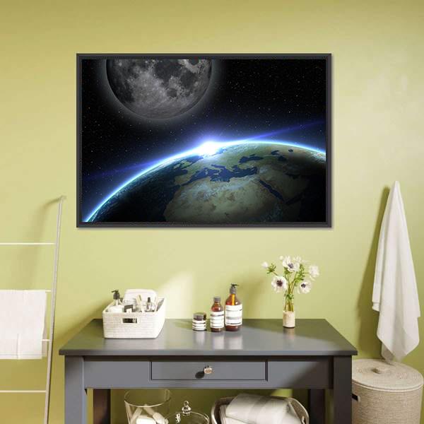 Earth &amp; Moon Canvas Wall Art-5 Horizontal-Gallery Wrap-22" x 12"-Tiaracle