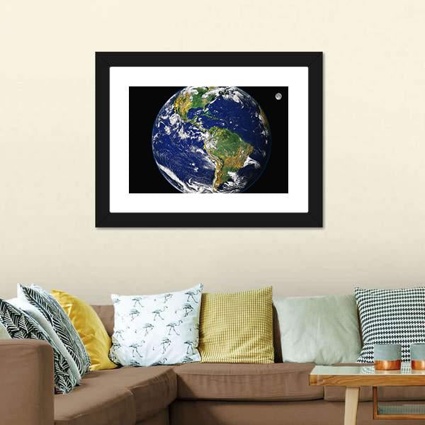 Earth &amp; Moon From Space Canvas Wall Art-1 Piece-Framed Print-20" x 16"-Tiaracle