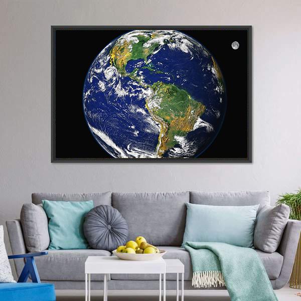 Earth &amp; Moon From Space Canvas Wall Art-5 Horizontal-Gallery Wrap-22" x 12"-Tiaracle