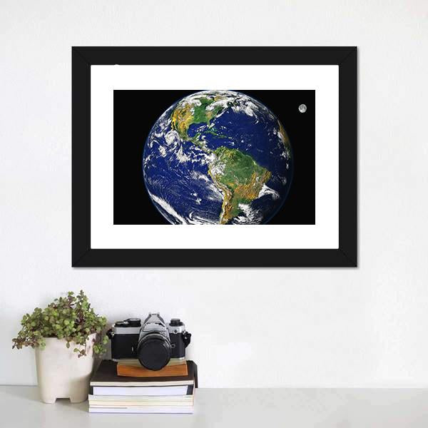 Earth &amp; Moon From Space Canvas Wall Art-5 Horizontal-Gallery Wrap-22" x 12"-Tiaracle