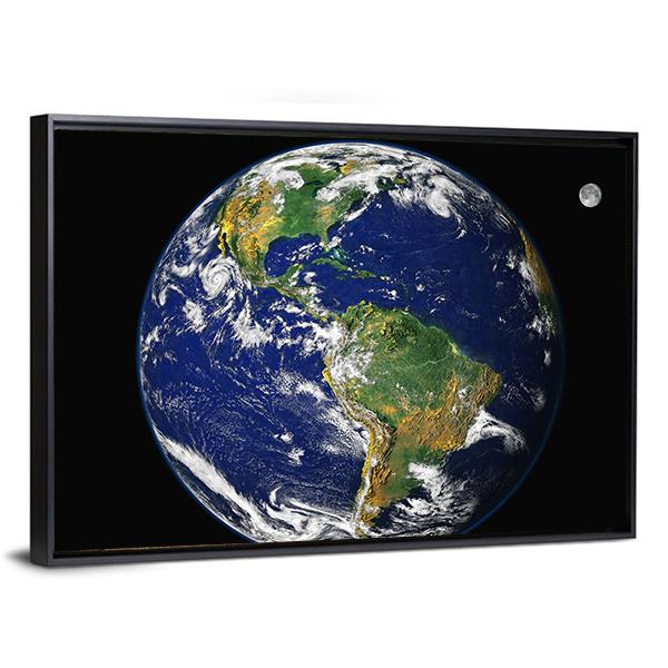 Earth &amp; Moon From Space Canvas Wall Art-5 Horizontal-Gallery Wrap-22" x 12"-Tiaracle