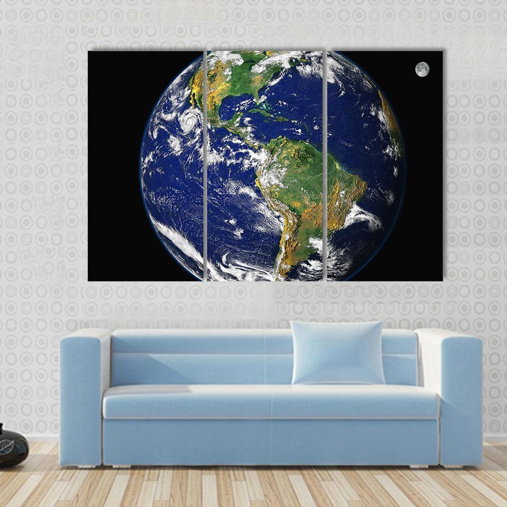Earth &amp; Moon From Space Canvas Wall Art-3 Horizontal-Gallery Wrap-37" x 24"-Tiaracle