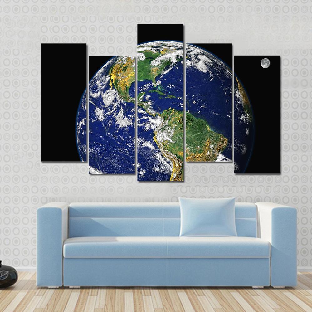 Earth &amp; Moon From Space Canvas Wall Art-5 Pop-Gallery Wrap-47" x 32"-Tiaracle