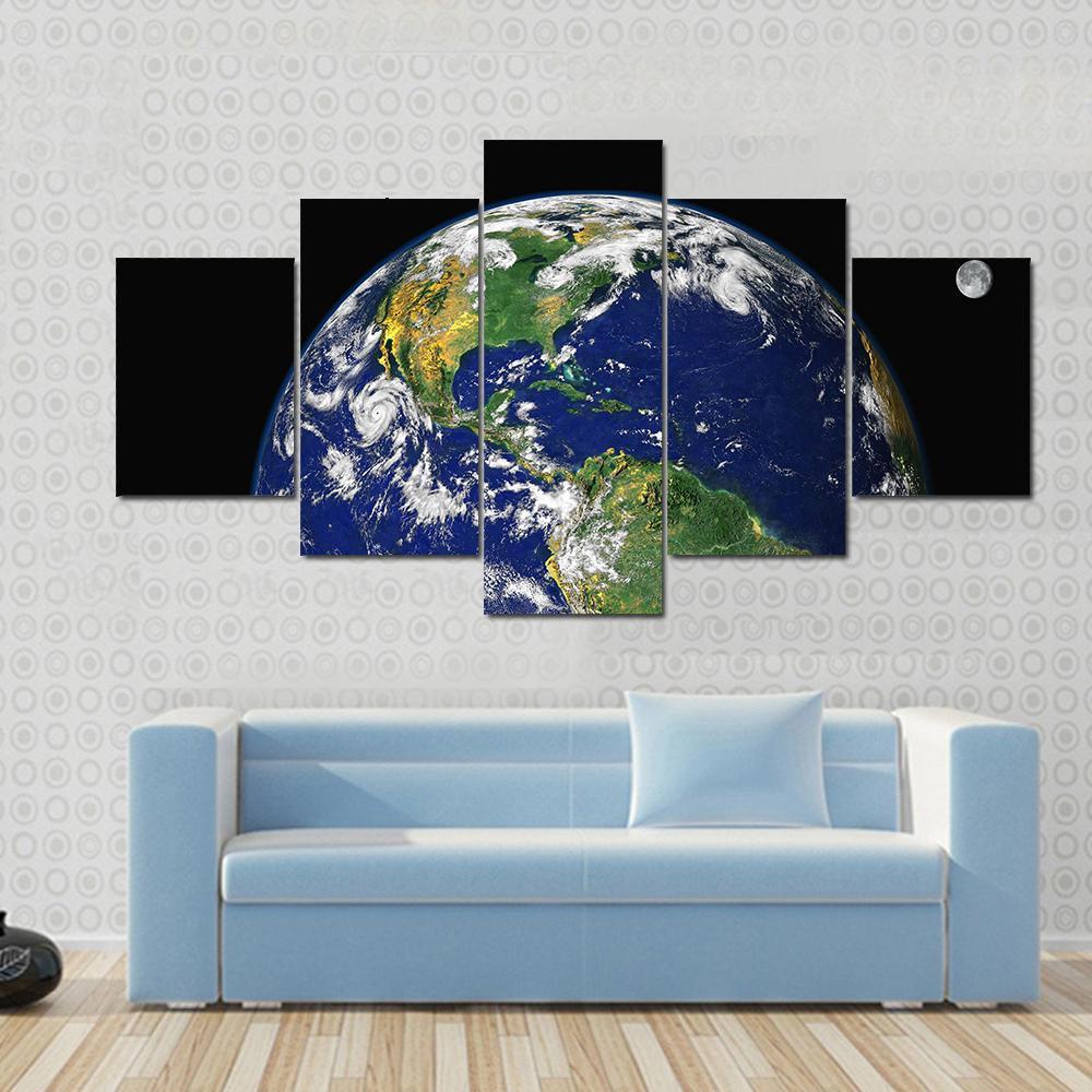 Earth & Moon From Space Canvas Wall Art-5 Star-Gallery Wrap-62" x 32"-Tiaracle