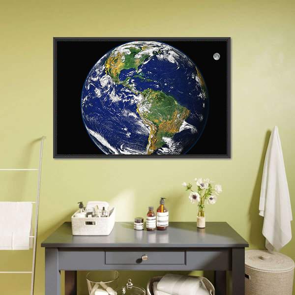 Earth &amp; Moon From Space Canvas Wall Art-3 Horizontal-Gallery Wrap-25" x 16"-Tiaracle