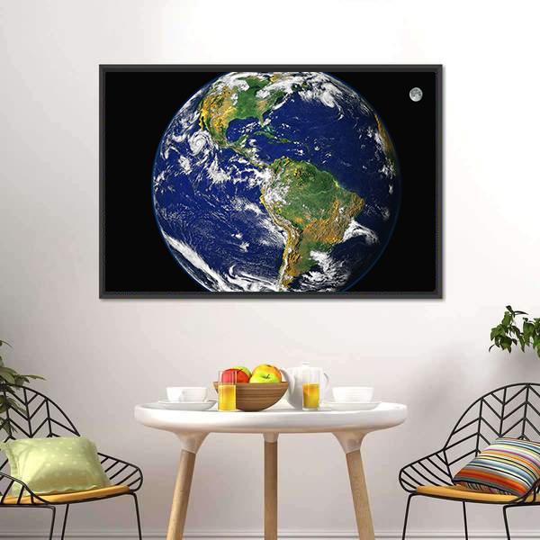 Earth & Moon From Space Canvas Wall Art-1 Piece-Floating Frame-24" x 16"-Tiaracle
