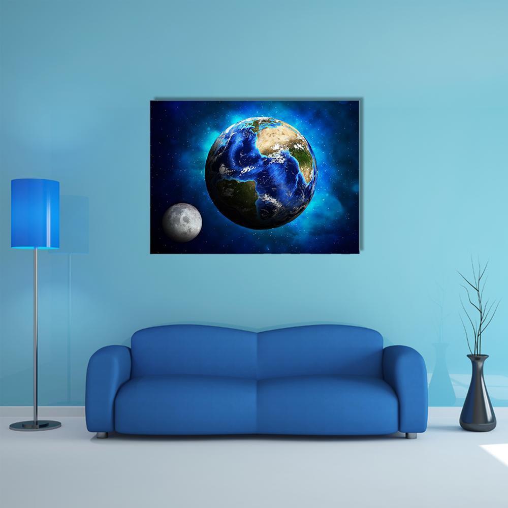 Earth and Moon Over Starry Nebula Canvas Wall Art in black and blue, single panel hung on a wall