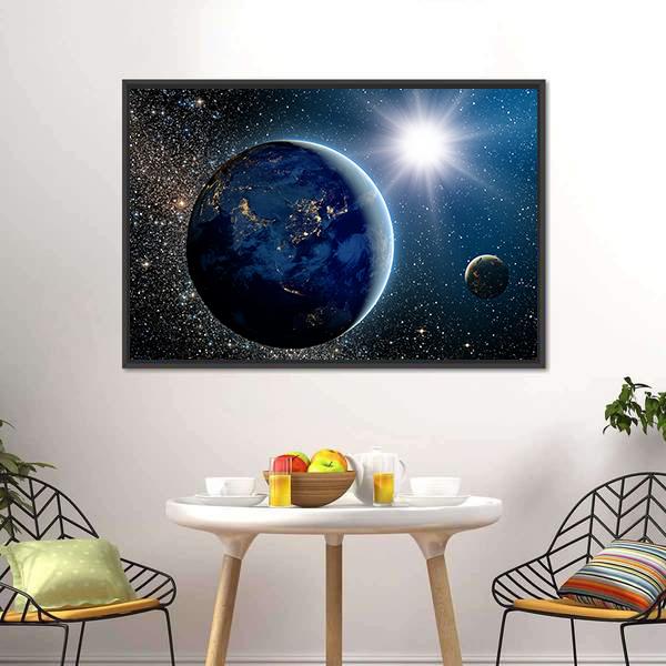 Earth & Sun from Space Canvas Wall Art in black, white and blue, framed canvas, product view on a white background