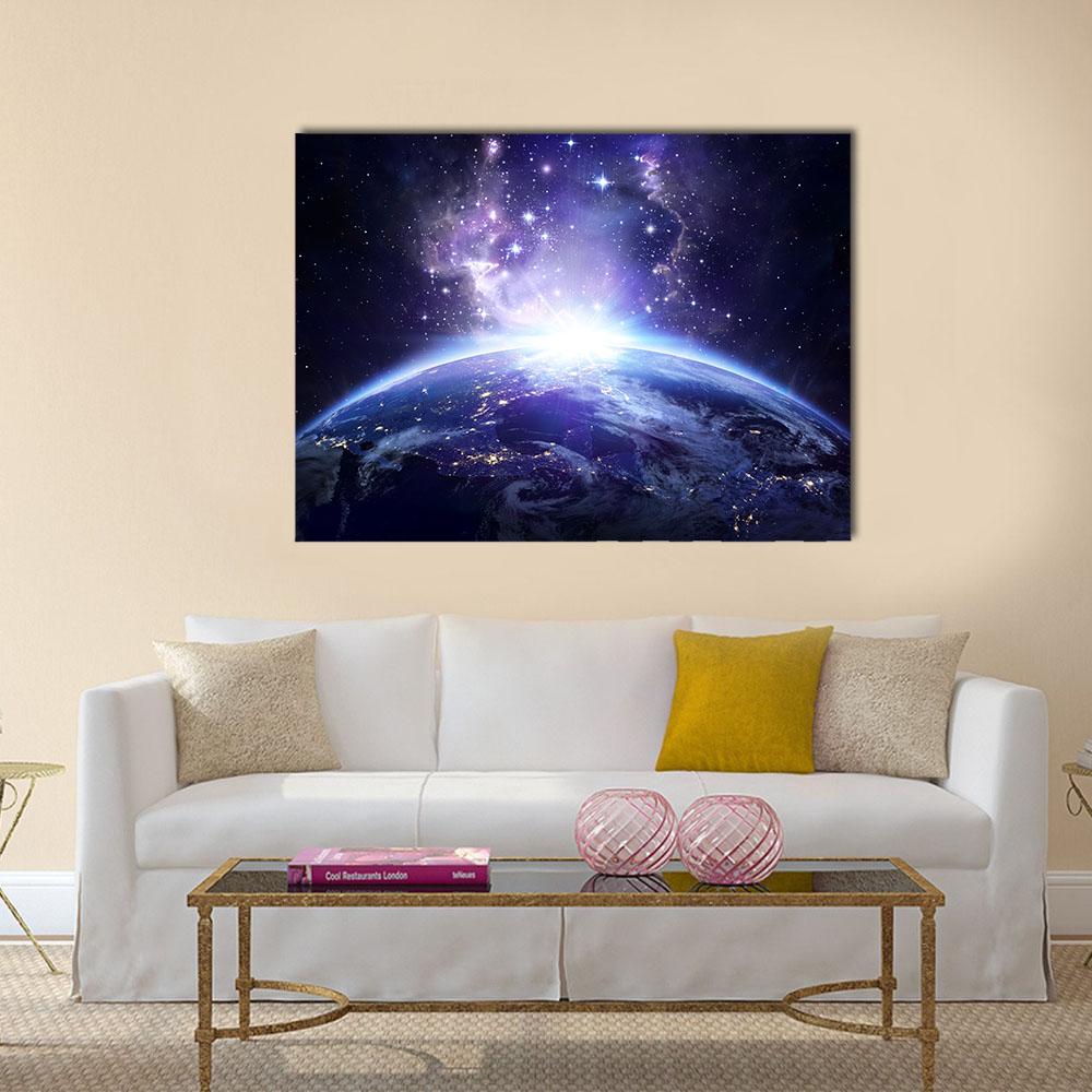 Earth from the Milky Way Canvas Wall Art in black, blue and purple, single panel hung on a wall