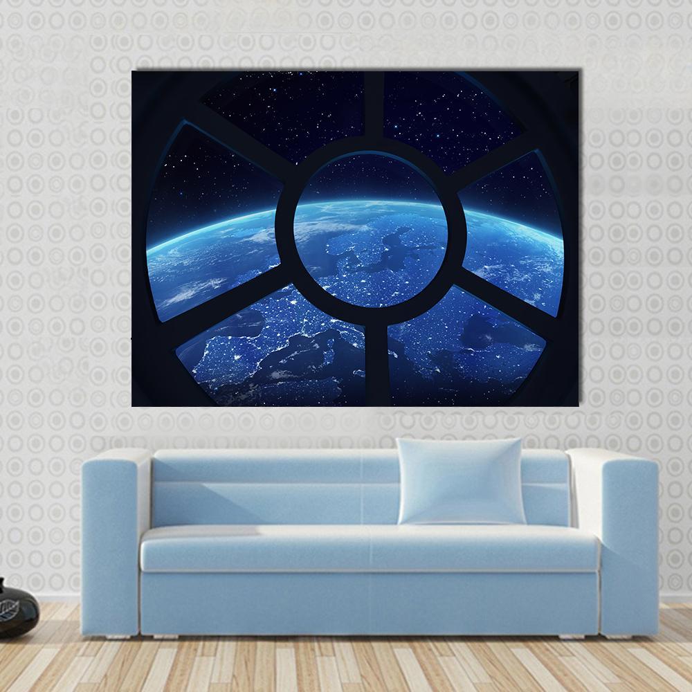Earth View from Space Station Window Canvas Wall Art in black and blue, single panel hung on a wall
