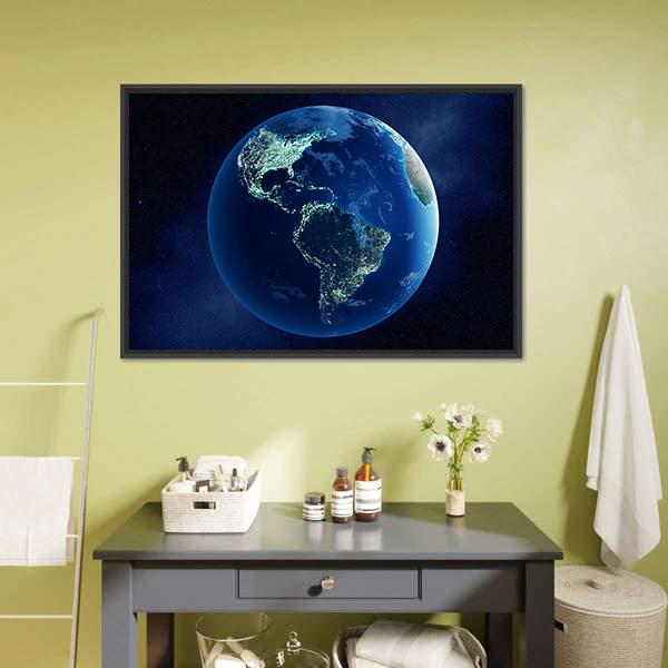 Earth With City Lights Canvas Wall Art-5 Horizontal-Gallery Wrap-22" x 12"-Tiaracle