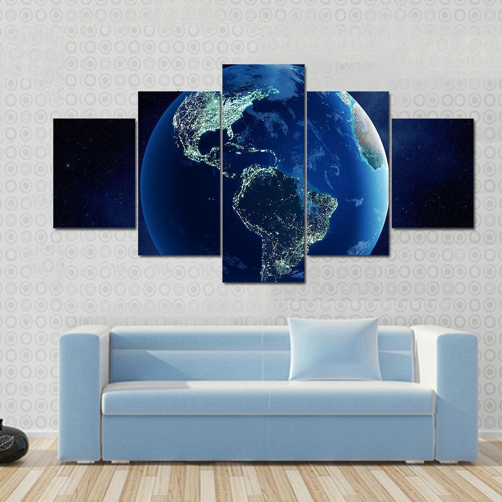 Earth With City Lights Canvas Wall Art-5 Star-Gallery Wrap-62" x 32"-Tiaracle