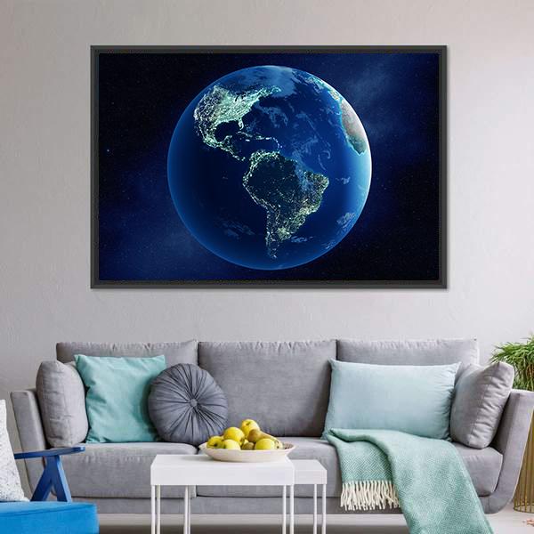 Earth With City Lights Canvas Wall Art-3 Horizontal-Gallery Wrap-25" x 16"-Tiaracle