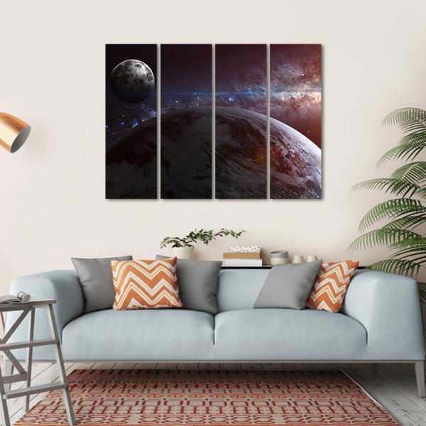 Earth With Moon & Stars Canvas Wall Art-4 Horizontal-Gallery Wrap-34" x 24"-Tiaracle