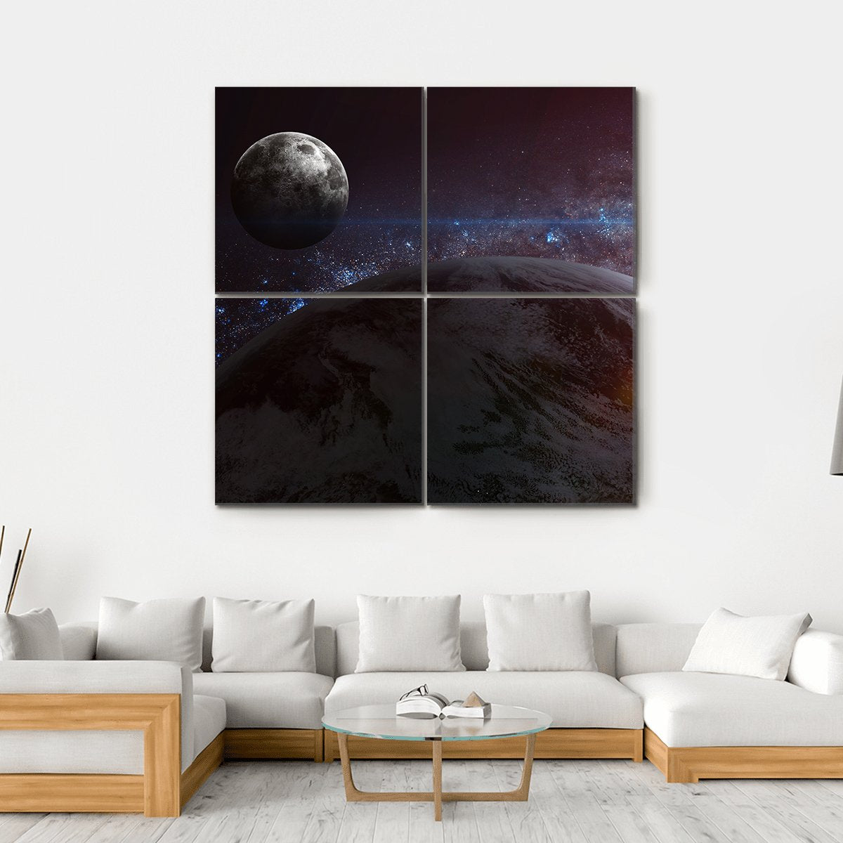 Earth With Moon &amp; Stars Canvas Wall Art-4 Square-Gallery Wrap-17" x 17"-Tiaracle