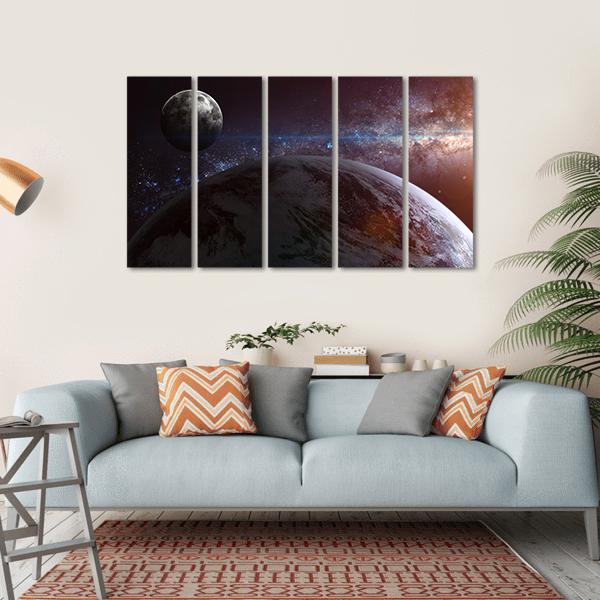 Earth With Moon & Stars Canvas Wall Art-5 Horizontal-Gallery Wrap-22" x 12"-Tiaracle