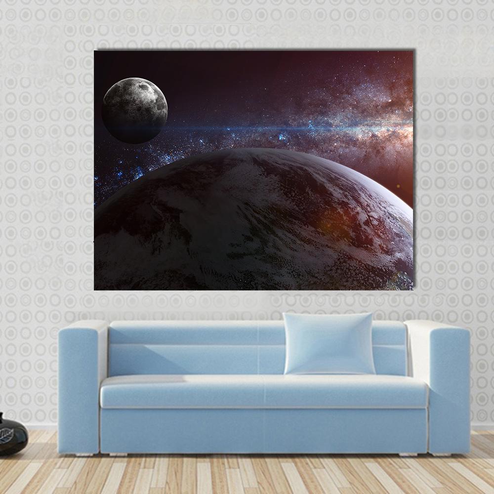 Earth Moon Stars Canvas Wall Art in black, brown and blue, single panel hung on a wall