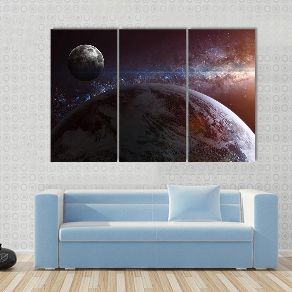 Earth With Moon &amp; Stars Canvas Wall Art-3 Horizontal-Gallery Wrap-37" x 24"-Tiaracle