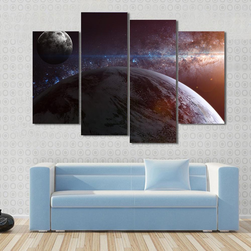 Earth With Moon & Stars Canvas Wall Art-4 Pop-Gallery Wrap-50" x 32"-Tiaracle