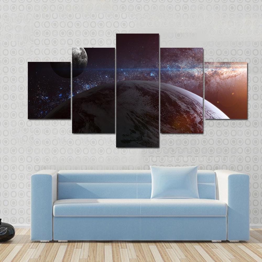 Earth With Moon & Stars Canvas Wall Art-5 Star-Gallery Wrap-62" x 32"-Tiaracle