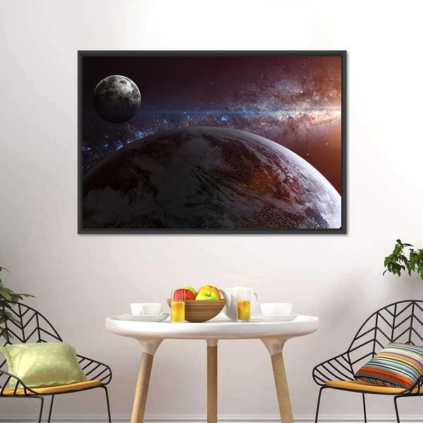 Earth With Moon & Stars Canvas Wall Art-1 Piece-Floating Frame-24" x 16"-Tiaracle