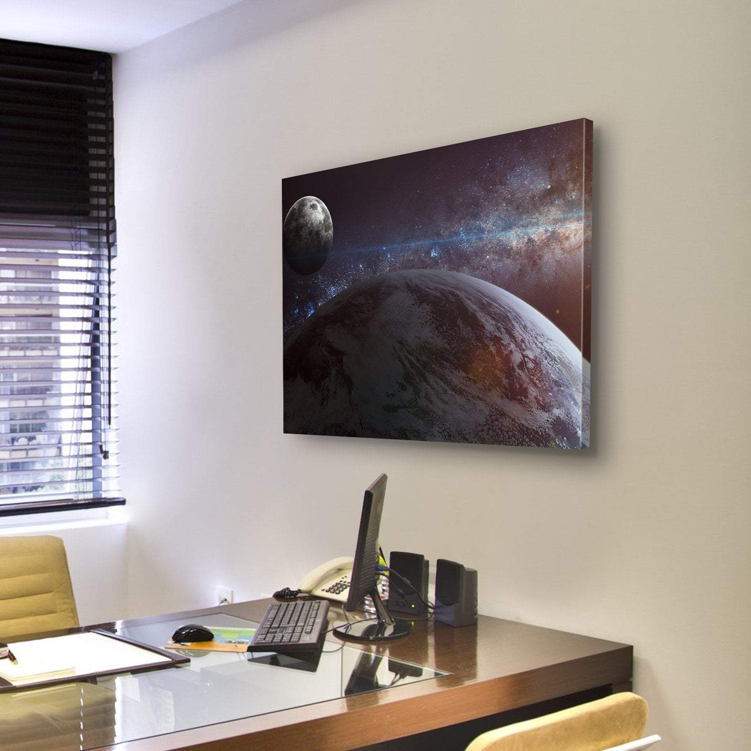 Earth With Moon & Stars Canvas Wall Art-4 Pop-Gallery Wrap-50" x 32"-Tiaracle