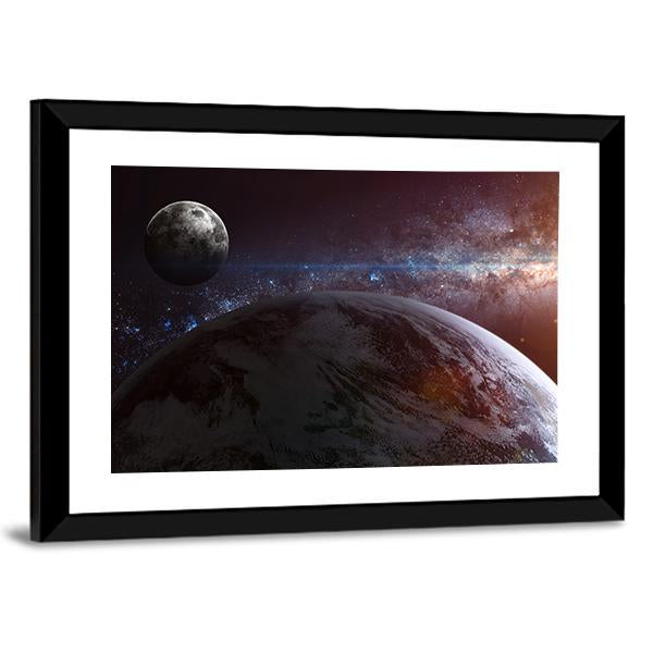 Earth With Moon & Stars Canvas Wall Art-3 Horizontal-Gallery Wrap-25" x 16"-Tiaracle