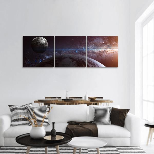 Earth With Moon &amp; Stars Panoramic Canvas Wall Art-3 Piece-25" x 08"-Tiaracle