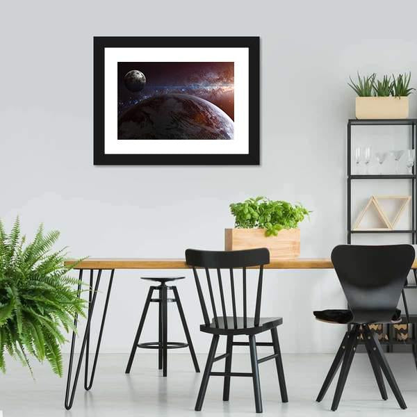 Earth With Moon &amp; Stars Panoramic Canvas Wall Art-1 Piece-36" x 12"-Tiaracle