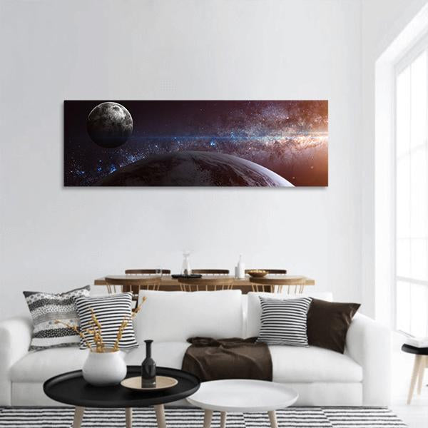 Earth With Moon & Stars Panoramic Canvas Wall Art-1 Piece-36" x 12"-Tiaracle
