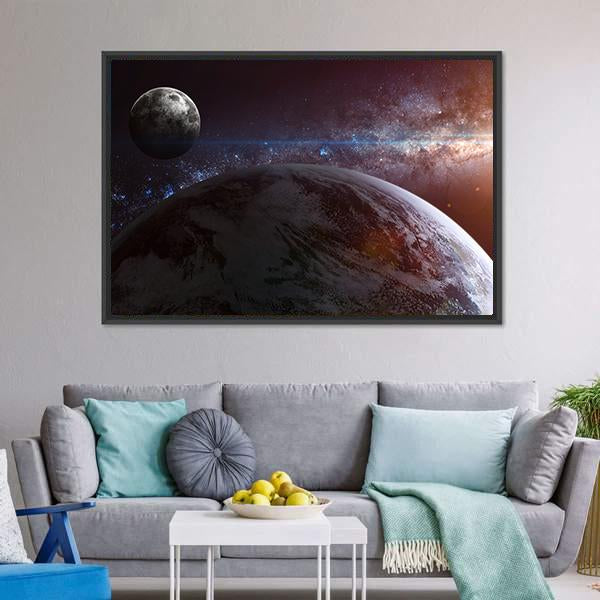 Earth With Moon & Stars Canvas Wall Art-5 Horizontal-Gallery Wrap-22" x 12"-Tiaracle