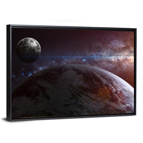 Earth With Moon & Stars Canvas Wall Art-5 Horizontal-Gallery Wrap-22" x 12"-Tiaracle