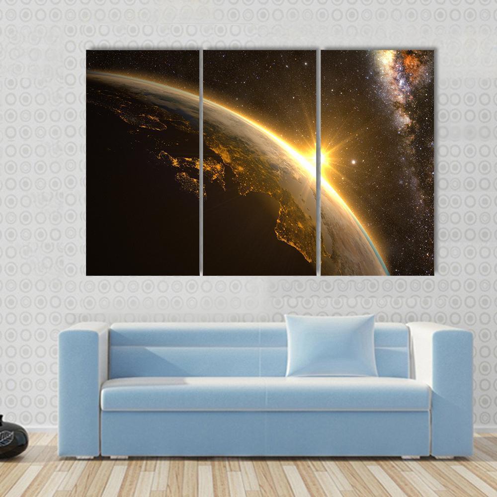 Earth With Spectacular Sunrise Canvas Wall Art-3 Horizontal-Gallery Wrap-37&quot; x 24&quot;-Tiaracle