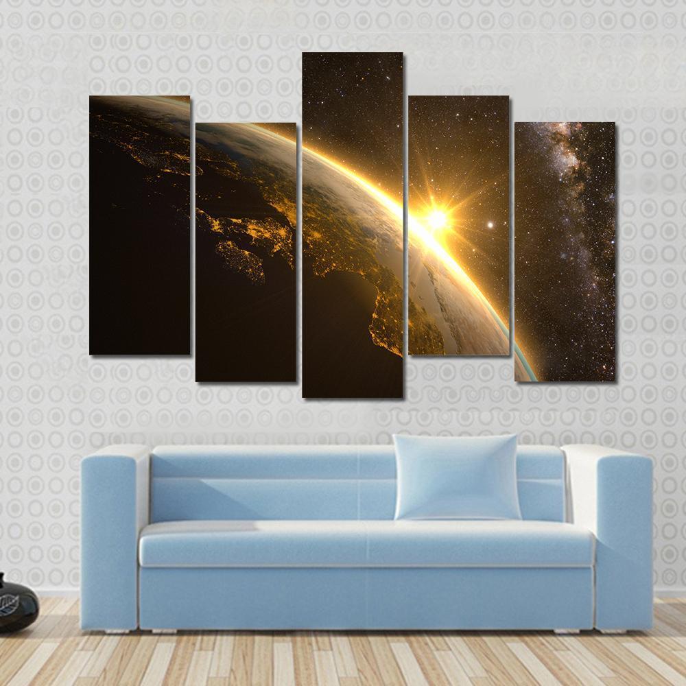 Earth With Spectacular Sunrise Canvas Wall Art-5 Pop-Gallery Wrap-47&quot; x 32&quot;-Tiaracle