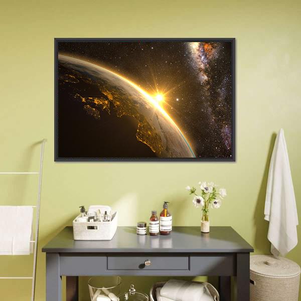 Earth With Spectacular Sunrise Canvas Wall Art-3 Horizontal-Gallery Wrap-25&quot; x 16&quot;-Tiaracle