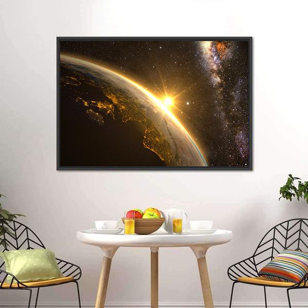 Earth with Spectacular Sunrise Canvas Wall Art in black, orange and yellow, framed canvas, product view on a white background
