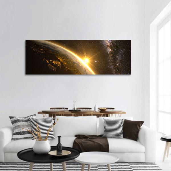 Earth With Spectacular Sunrise Panoramic Canvas Wall Art-3 Piece-25" x 08"-Tiaracle