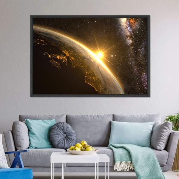 Earth With Spectacular Sunrise Panoramic Canvas Wall Art-1 Piece-36" x 12"-Tiaracle