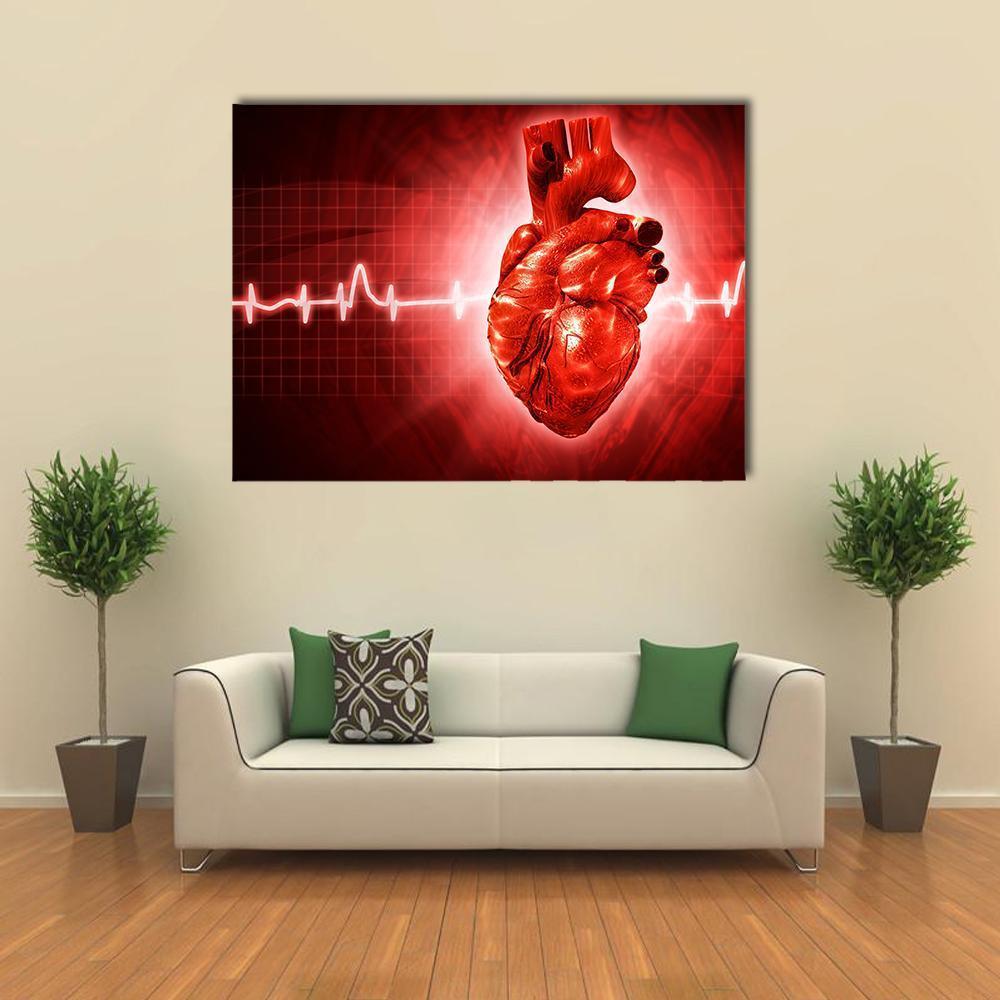Human Heart Ecg Canvas Wall Art in black, white and red, single panel hung on a wall