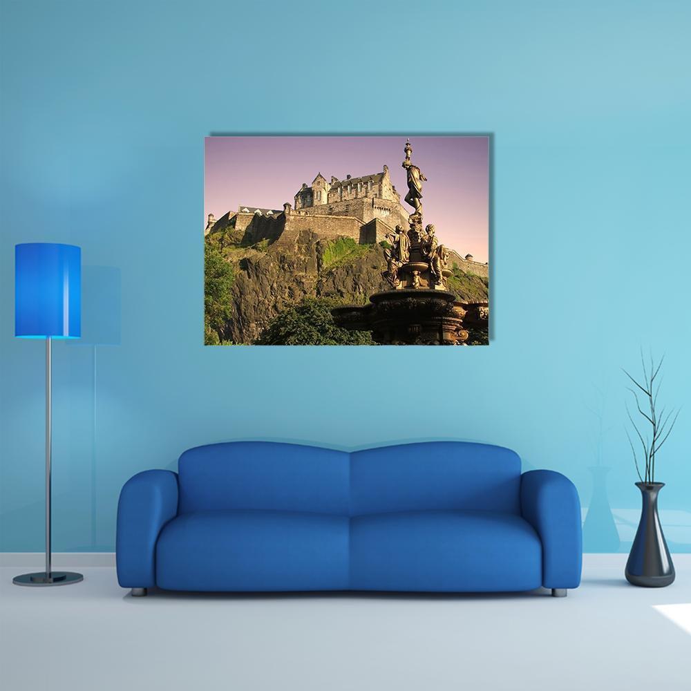 Edinburgh Castle at Dusk Canvas Wall Art in brown, gold and purple, single panel hung on a wall