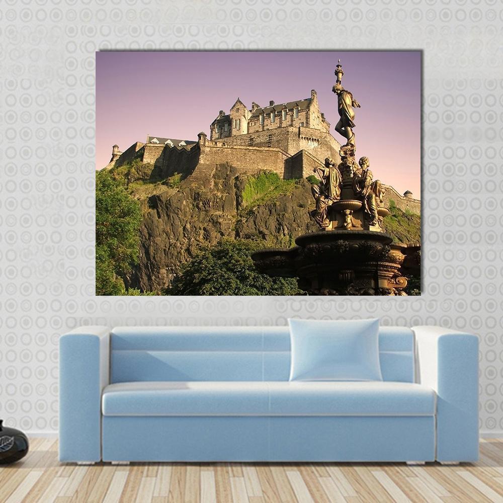 Edinburgh Castle at Dusk Canvas Wall Art in brown, green and purple, single panel hung on a wall
