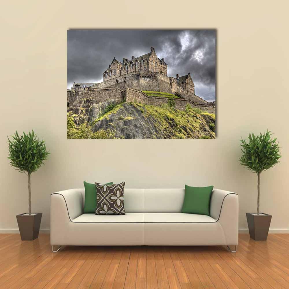 Edinburgh Castle Scotland Canvas Wall Art in gray, brown and green, single panel hung on a wall