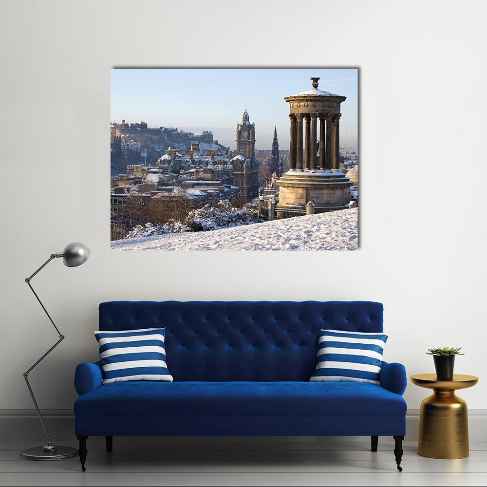 Edinburgh Skyline with Dugald Stewart Monument Canvas Wall Art in white, gray and blue, single panel hung on a wall